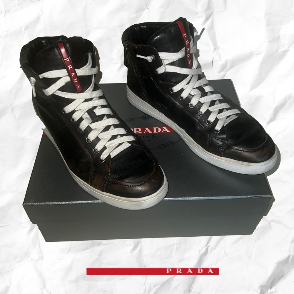 Prada Men's Vitello Vintage Black High-Top Distressed Leather Sneakers